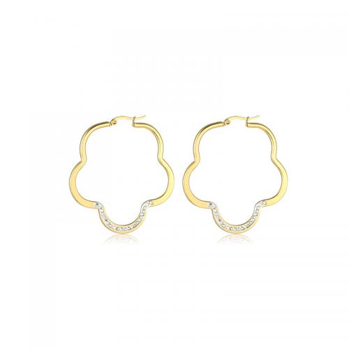 Acier inoxydable Levier Retour Earring, Acier inoxydable 304, fleur, Plaqué or 18K, bijoux de mode & pavé de micro zircon & pour femme, protéger l'environnement, sans nickel, plomb et cadmium, 47mm, Vendu par paire