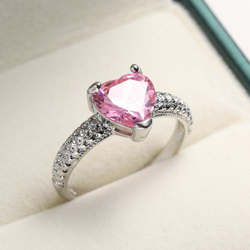 Bague Zircon cubique en laiton, avec zircon cubique, coeur, Placage de couleur argentée, normes différentes pour le choix & pour femme, rose, protéger l'environnement, sans nickel, plomb et cadmium, Vendu par PC