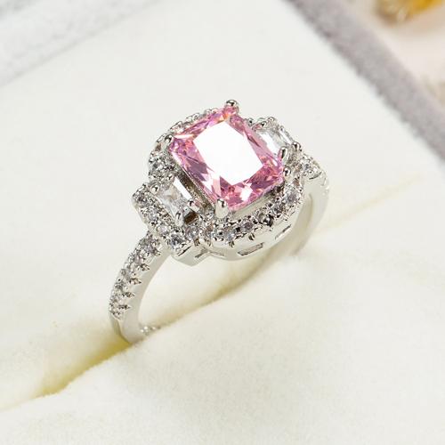 Bague Zircon cubique en laiton, avec zircon cubique, cadre, Placage de couleur argentée, normes différentes pour le choix & pour femme, rose, protéger l'environnement, sans nickel, plomb et cadmium, Vendu par PC