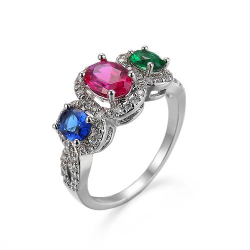 Bague Zircon cubique en laiton, avec zircon cubique, cadre, Placage de couleur argentée, normes différentes pour le choix & pour femme, multicolore, protéger l'environnement, sans nickel, plomb et cadmium, Vendu par PC