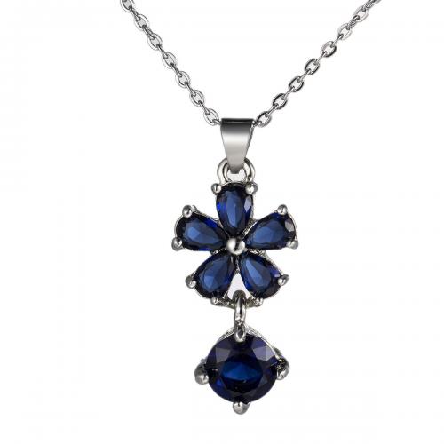 Collier en laiton, avec zircon cubique, fleur, Placage de couleur argentée, pour femme, bleu, Vendu par PC