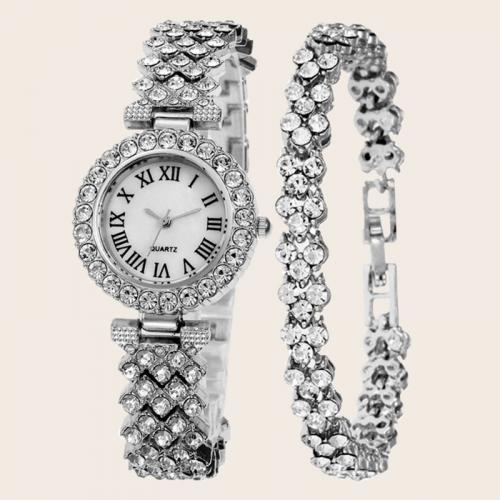 aleación de zinc Pulsera de reloj, con Vidrio, Esférico, chapado, movimiento chino & diferentes estilos para la opción & para mujer & con diamantes de imitación, watch size 200x28mm,bracelet length 180mm, Vendido por UD