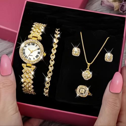 Zinc Alloy Jewelry Set, watch & finger ring & bracelet & earring & necklace, with Glass, plated, 5 pieces & Chinese movement & for woman & with rhinestone, more colors for choice, watch length 230mm, bracelet length 180mm, necklace length 400mm, Sold By Set