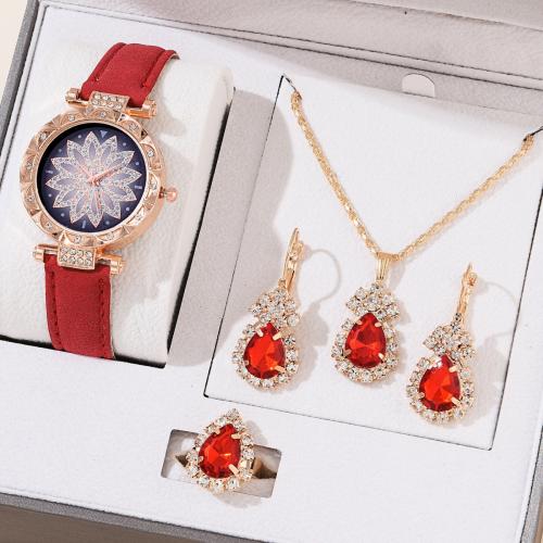 lega in zinco set di gioielli fashion, orologio & anello dito & orecchino & Collana, with PU & vetro, placcato, Pacchetto confezione regalo & 4 pezzi & movimento cinese & per la donna & con strass, nessuno, watch length 230mm,necklace length 400mm, Misura:7, Venduto da set