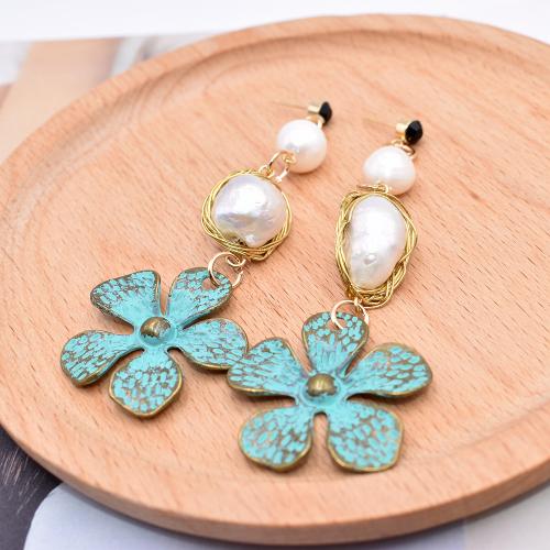 Pendientes de Aleación de Zinc, con perla & acero inoxidable 304, Flor, chapado, Joyería & para mujer & con diamantes de imitación, color mixto, libre de níquel, plomo & cadmio, 55mm, Vendido por Par