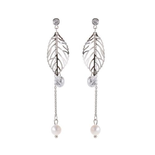 Sinc Alloy Earrings, le Ciúbach Zirconia & Pearl Plaisteacha, Leaf, dath airgid plated, jewelry faisin & do bhean & log, nicil, luaidhe & caidmiam saor in aisce, 61mm, Díolta De réir Péire