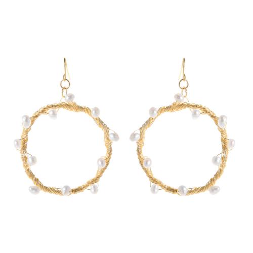 Boucles d'oreilles pendantes en laiton, avec perle, beignet, Plaqué d'or, bijoux de mode & pour femme & creux, blanc, protéger l'environnement, sans nickel, plomb et cadmium, 70mm, Vendu par paire