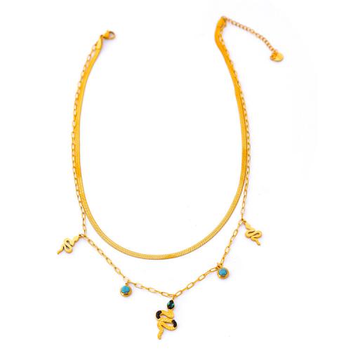 Collier d'acier titane, avec turquoise, serpent, Placage de couleur d'or, Double couche & bijoux de mode & pour femme & avec strass, plus de couleurs à choisir, protéger l'environnement, sans nickel, plomb et cadmium, Vendu par PC