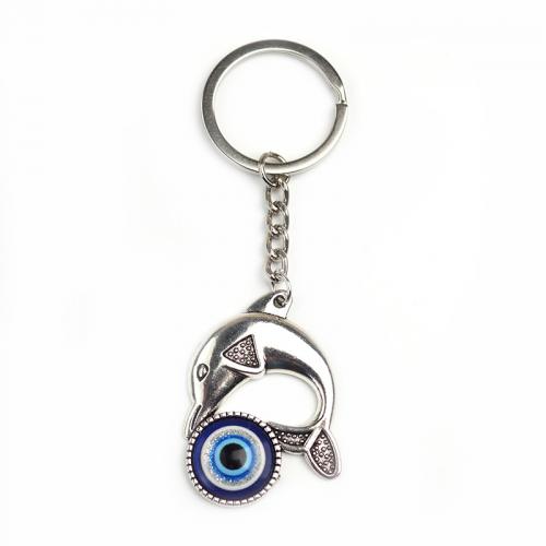 Sleutelhanger, Glas, met Zinc Alloy, silver plated, mode sieraden & boze oog patroon, blauw, 100mm, Verkocht door PC