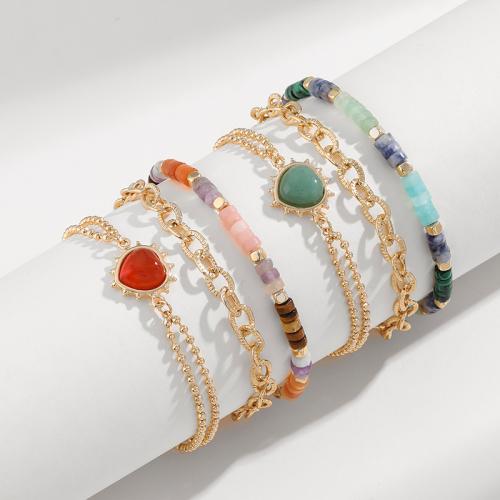 Messing Armbanden, met Gemstone Chips & Ijzer & Zinc Alloy, Hart, gold plated, voor vrouw, meer kleuren voor de keuze, nikkel, lood en cadmium vrij, 3pC's/Stel, Verkocht door Stel