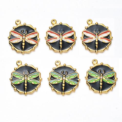 Stainless Steel Animal Pendants 304 Stainless Steel Dragonfly gold color plated DIY & enamel & with rhinestone Sold By Bag