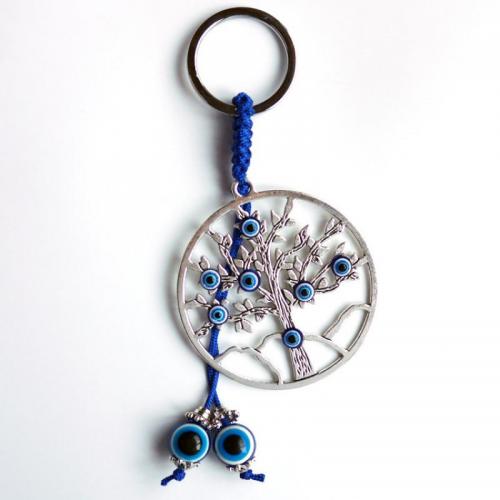 Key Chain, Zinc Alloy, med Nylonsnor & Resin, Tree, sølvfarvet forgyldt, Unisex & onde øje mønster, blå, 130x55mm, Solgt af PC