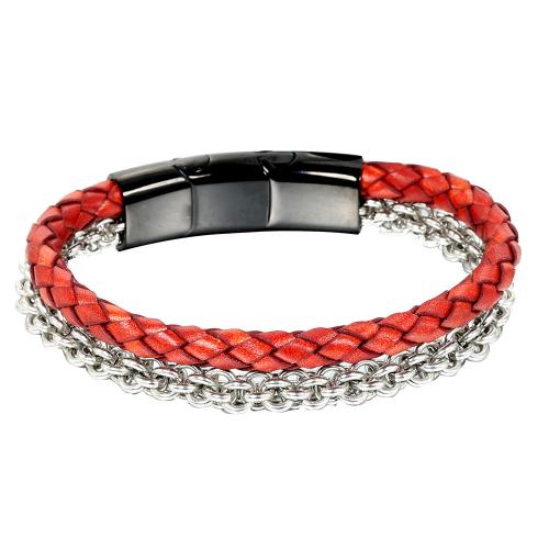 Pulseira de aço titânio, Partículas de aço, with Couro do plutônio, Camada Dupla & joias de moda & para o homem, cores misturadas, comprimento Aprox 21 cm, vendido por PC