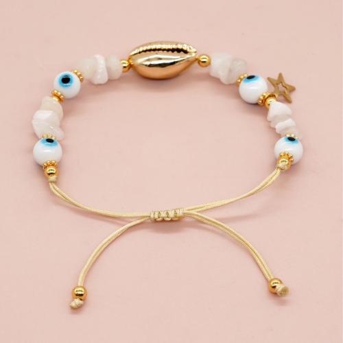 Bracelet Evil Eye bijoux, chalumeau, avec Cordon de noeud & blanc calcédoine & laiton & alliage de zinc, Placage de couleur d'or, Réglable & bijoux de mode & pour femme, couleurs mélangées, Longueur Environ 28 cm, Vendu par PC