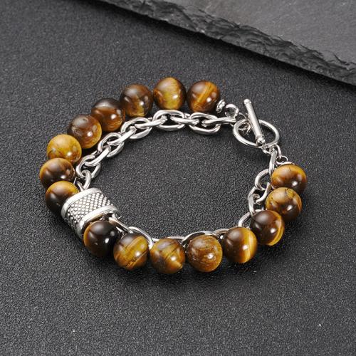 Naturlige Tiger Eye Armbånd, med 304 rustfrit stål, ovntørrende lak, Dobbelt lag & mode smykker & Unisex, nikkel, bly & cadmium fri, Længde Ca. 21 cm, Solgt af PC