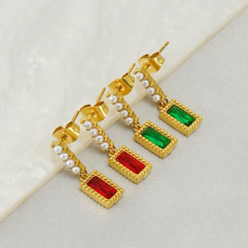 Stainless Steel Drop Earring 304 Stainless Steel 18K gold plated fashion jewelry & micro pave cubic zirconia & for woman Sold By Pair