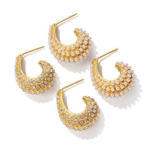 Roestvrij staal Stud Earrings, 304 roestvrij staal, met Plastic Pearl, 18K verguld, verschillende materialen voor de keuze & voor vrouw & met strass, gouden, Verkocht door pair