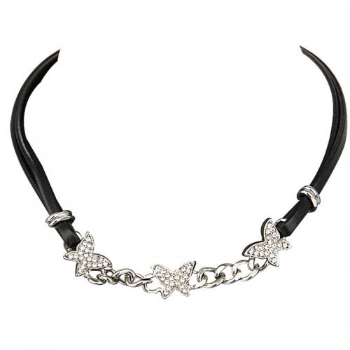 Faisean Choker muince, 304 Cruach dhosmálta, le corda leathair & Sinc Alloy, le 6CM slabhra extender, plátáilte, do bhean & le rhinestone, dubh, Fad Thart 36 cm, Díolta De réir PC