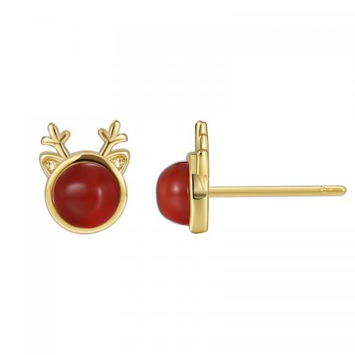 Messing Stud ørering, med Red Agate, forgyldt, for kvinde, gylden, Solgt af par