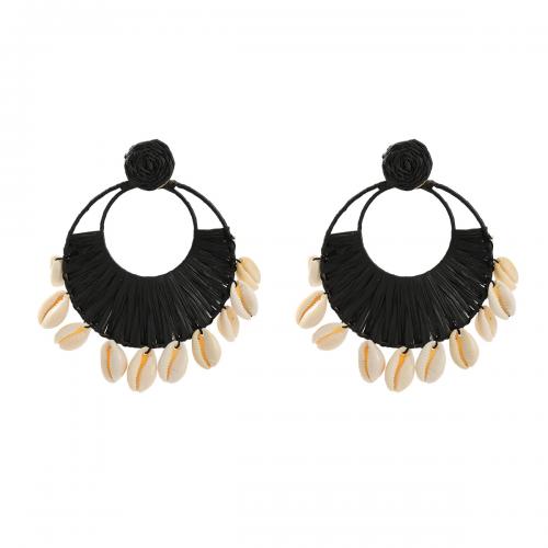 Shell Drop Earring with Rafidah Grass Geometrical Pattern Bohemian style & for woman & hollow black Sold By Pair