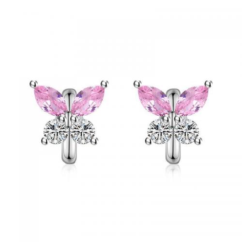 Boucles d'oreilles en laiton zircon cubique pavent, papillon, bijoux de mode & pavé de micro zircon & pour femme, protéger l'environnement, sans nickel, plomb et cadmium, 11x9mm, Vendu par paire