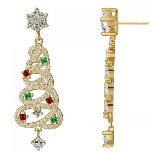 Cubic Zirconia Micro Pave Brass Earring Christmas Tree plated micro pave cubic zirconia & for woman golden Sold By Pair