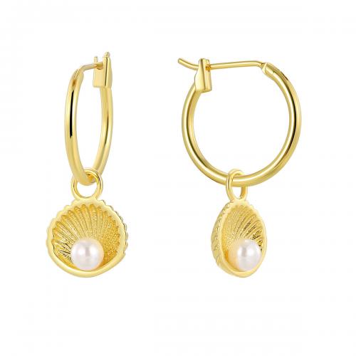 Boucle d’oreille goutte strass Hoop, laiton, avec Shell Pearl, Placage, pour femme, doré, Vendu par paire