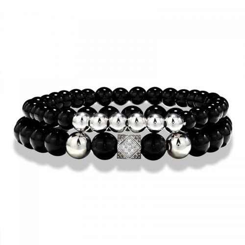 Gemstone Armbånd, Black Stone, med Rhinestone & Messing, Dobbelt lag & mode smykker & Unisex & med rhinestone, flere farver til valg, Længde Ca. 19 cm, Solgt af PC