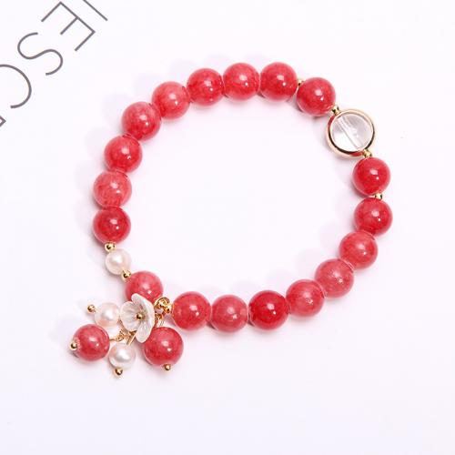 Glass Beads Bracelet with Freshwater Pearl & Zinc Alloy Flower gold color plated folk style & for woman beads length 8mm Length Approx 6.5 Inch Sold By PC