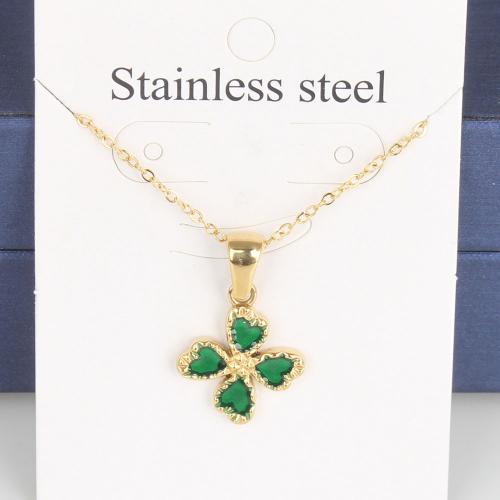 Titanium halskettingen, Titanium Staal, met 5cm extender keten, Four Leaf Clover, mode sieraden & uniseks & glazuur, groen, nikkel, lood en cadmium vrij, 16.60x13.90x1.80mm, Lengte Ca 45 cm, 5pC's/Bag, Verkocht door Bag