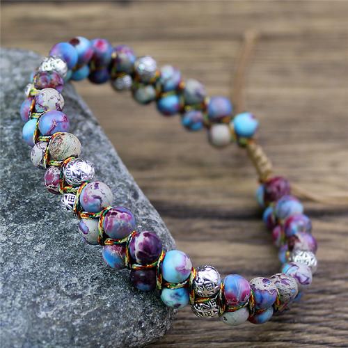 Gemstone Bracelets Impression Jasper with Knot Cord & Zinc Alloy Round silver color plated Adjustable & fashion jewelry & Unisex Length Approx 17-26 cm Sold By PC