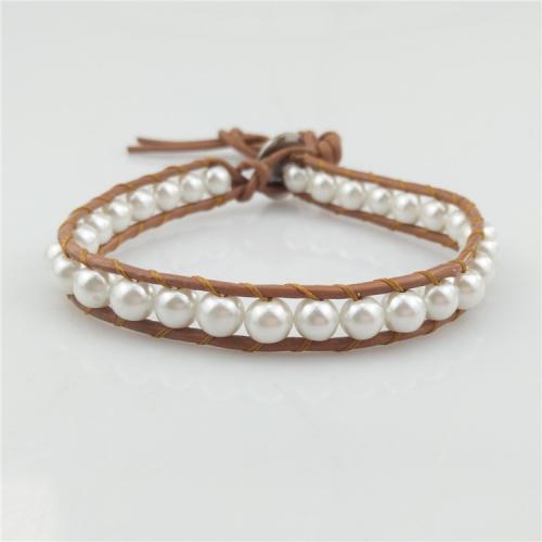 pulsera de plástico, Perlas plásticas, con cable de piel de vaca & acero inoxidable 304, Esférico, Joyería & unisexo, Blanco, longitud aproximado 18 cm, Vendido por UD