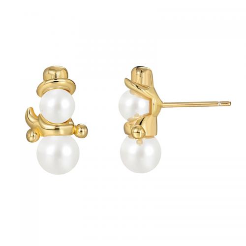 Goujon Laiton, avec Shell Pearl, bonhomme de neige, Plaqué d'or, bijoux de mode & pour femme, protéger l'environnement, sans nickel, plomb et cadmium, 6x15mm, Vendu par paire