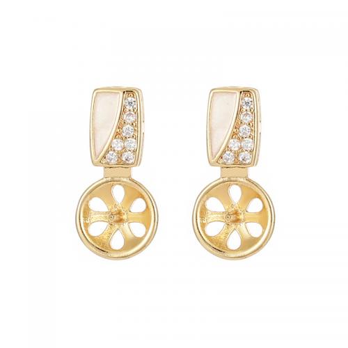 Brass Earring Stud Component with Shell plated DIY & micro pave cubic zirconia golden Sold By Pair