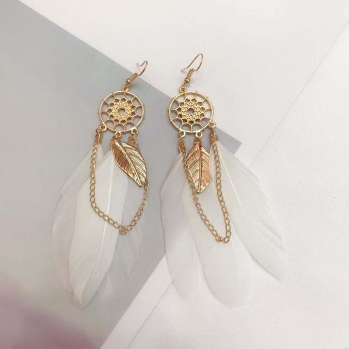 Mode Feather Earring, Veer, met Zinc Alloy, gold plated, mode sieraden & Bohemien stijl & voor vrouw, meer kleuren voor de keuze, 20x105mm, Verkocht door pair