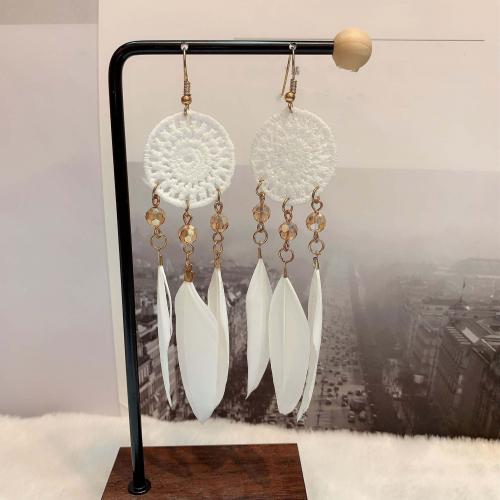 Mode Feather Earring, Veer, met Knoopkoord & Kristal & Ijzer & Zinc Alloy, gold plated, mode sieraden & Bohemien stijl & voor vrouw, meer kleuren voor de keuze, 100mm, Verkocht door pair