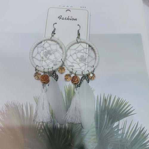 Mode Feather Earring, Veer, met Knoopkoord & Katoenfluweel & Kristal & Plastic & Ijzer & Zinc Alloy, silver plated, mode sieraden & Bohemien stijl & voor vrouw, meer kleuren voor de keuze, 80mm, Verkocht door pair