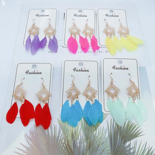 Mode Feather Earring, Veer, met Zinc Alloy, Rhombus, gold plated, mode sieraden & Bohemien stijl & voor vrouw & hol, meer kleuren voor de keuze, 75mm, Verkocht door pair