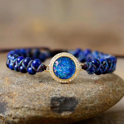 Naturlige Lapis Lazuli armbånd, Natursten, med Knude ledning & Resin & Messing, Runde, guldfarve belagt, Justerbar & mode smykker & forskellige materialer til valg & Unisex & med rhinestone, flere farver til valg, 4mm, Længde Ca. 18 cm, Solgt af PC