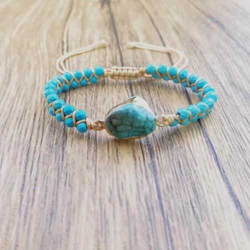 Fashion Turquoise Armbanden, Natuurlijke Turquoise, met Knoopkoord & Messing, Onregelmatige, gold plated, Verstelbare & mode sieraden & uniseks, blauw, Lengte Ca 17-26 cm, Verkocht door PC