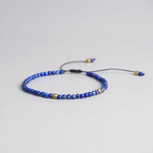 Bracelets de lapis-lazuli naturel, Lapis lazuli, avec Cordon de noeud & alliage de zinc, Rond, Placage de couleur d'or, Réglable & bijoux de mode & unisexe & facettes, bleu, 3mm, Longueur Environ 17-26 cm, Vendu par PC