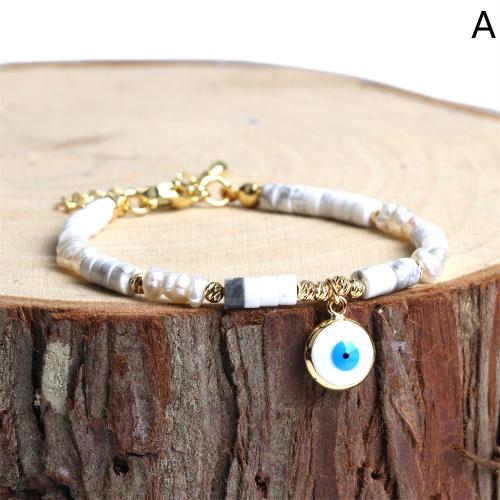 Bracelet Evil Eye bijoux, pierre gemme, avec perle d'eau douce cultivée & laiton, Placage de couleur d'or, bijoux de mode & pour femme & émail, plus de couleurs à choisir, 10x12mm, Longueur Environ 16-22 cm, Vendu par PC