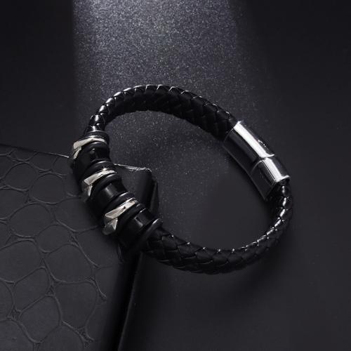 PU leder koord armbanden, met Zinc Alloy, mode sieraden & voor de mens, zwart, Lengte Ca 21 cm, Verkocht door PC