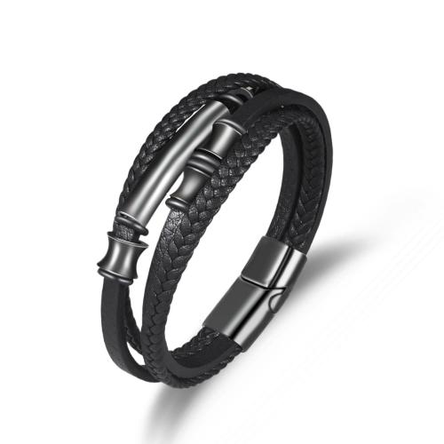 PU Schnur Armbänder, Mikrofaser PU, mit 304 Edelstahl & Zinklegierung, Bambus, metallschwarz plattiert, Modeschmuck & für den Menschen, schwarz, Länge 21 cm, verkauft von PC