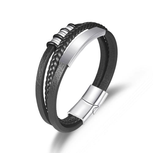 PU cavo bracciali, with 304 acciaio inox & lega in zinco, gioielli di moda & per l'uomo, nero, Lunghezza 21 cm, Venduto da PC