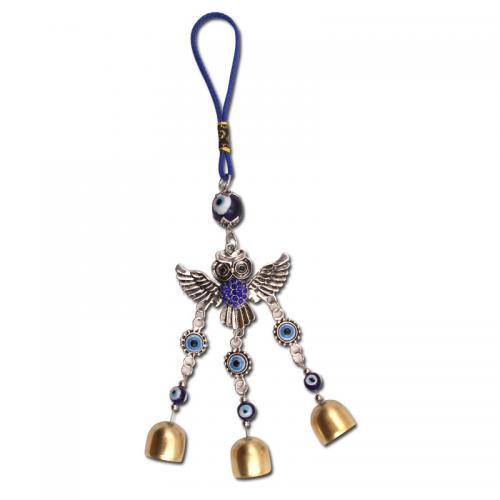 Carillons éoliens Décoration extérieure et à la maison, alliage de zinc, hibou, Placage de couleur argentée, pour la maison et le bureau & motif de mauvais œil & émail & avec strass, bleu, 260mm, Vendu par PC