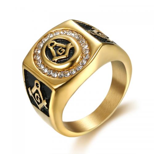 316 Roestvrij staal Finger Ring, gold plated, vrijmetselaar sieraden & verschillende grootte voor keus & voor de mens & met strass, Gat:Ca 1mm, Maat:7-12, Verkocht door PC