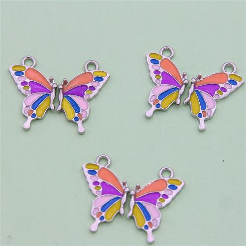 Pingentes de esmalte de liga de zinco, Borboleta, cromado de cor prateada, joias de moda & DIY, cores misturadas, níquel, chumbo e cádmio livre, 14x24x2mm, 2PCs/Defina, vendido por Defina