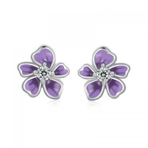 Pendientes de Micro Pavé de Zirconía Cúbica en Plata de Ley, Plata de ley 925, Flor, Joyería & micro arcilla de zirconia cúbica & para mujer & esmalte, libre de níquel, plomo & cadmio, 9x10mm, Vendido por Par