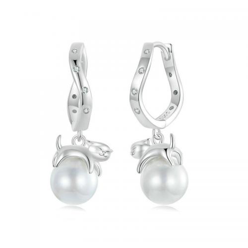 Brincos de aro de prata esterlina 925, 925 de prata esterlina, with Shell Pearl, joias de moda & para mulher, níquel, chumbo e cádmio livre, 9x25mm, vendido por par